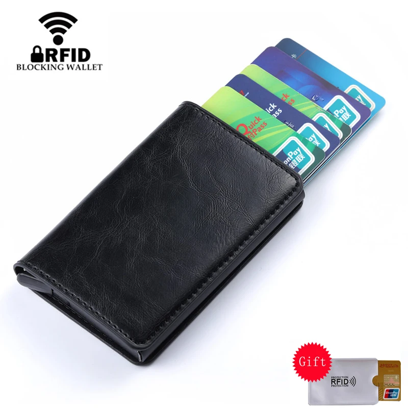 Bycobecy RFID сумочки держатель для кредитных карт для мужчин и женщин металла Винтаж Алюминия одной коробке искусственная кожа Crazy Horse мини карточный кошелек