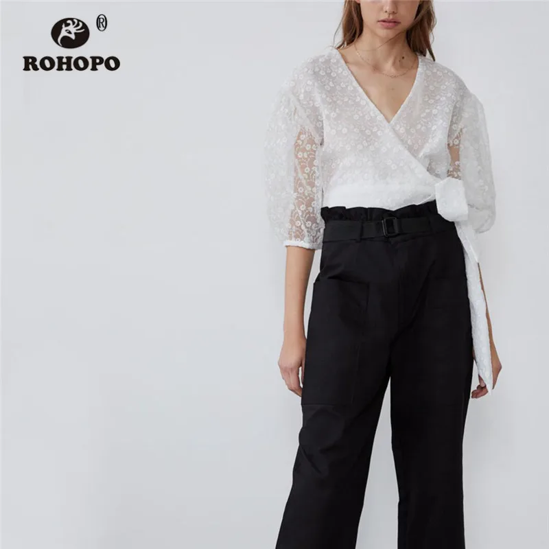 

ROHOPO Half Sleeve Wrap V Collar Bow Waistband Blouse Semi Transparent Embroidery Floral Tulle Autumn Chic White Top Blusa #2334
