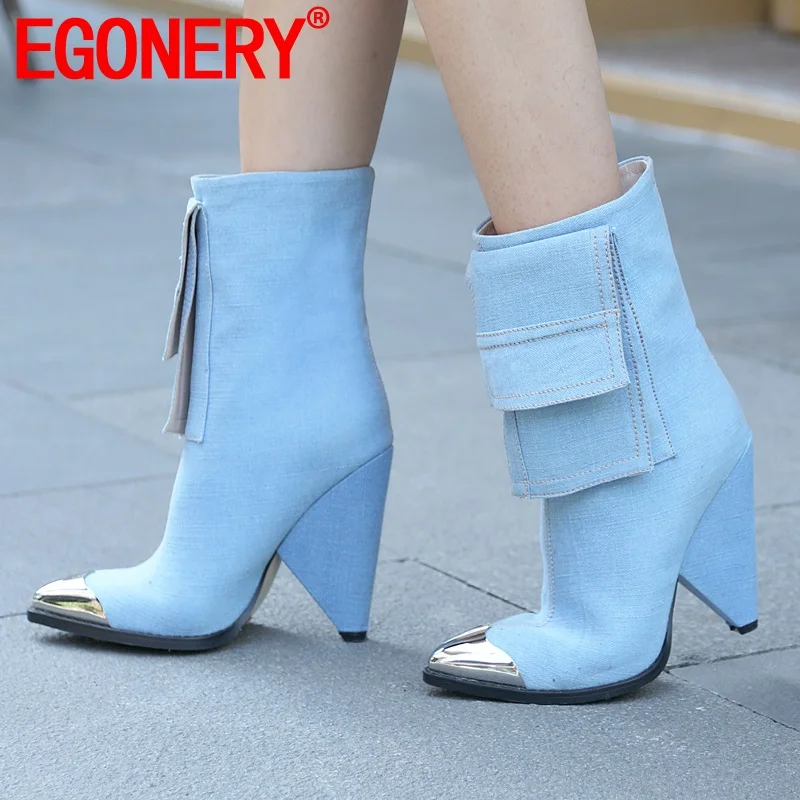 

EGONERY party western boots spring autumn blue denim 10cm super high heel women's shoes rock cool plus 34-43 size ankle boots