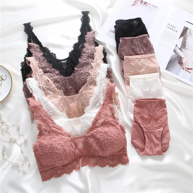 Sexy Mesh Embroidery Bra Set Eyelash Lace Underwear without Stones Vintage Set Lingerie Thin Cup Wireless Bra For Women