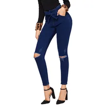 Модный бант-бабочка джинсы женские дырочные Стрейчевые с посадкой на талии джинсовые брюки тонкие сексуальные джинсовые брюки узкие джинсы@ 35