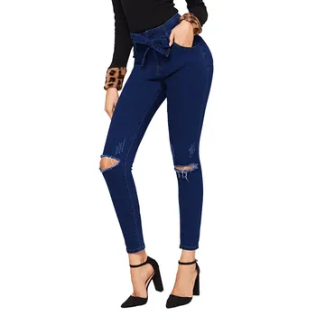 

Large Size Women's Skinny Hole Ripped Jeans New Fashion Women Pocket Zipper Pants Bow Denim Biker Jeans Female Pencil Pants