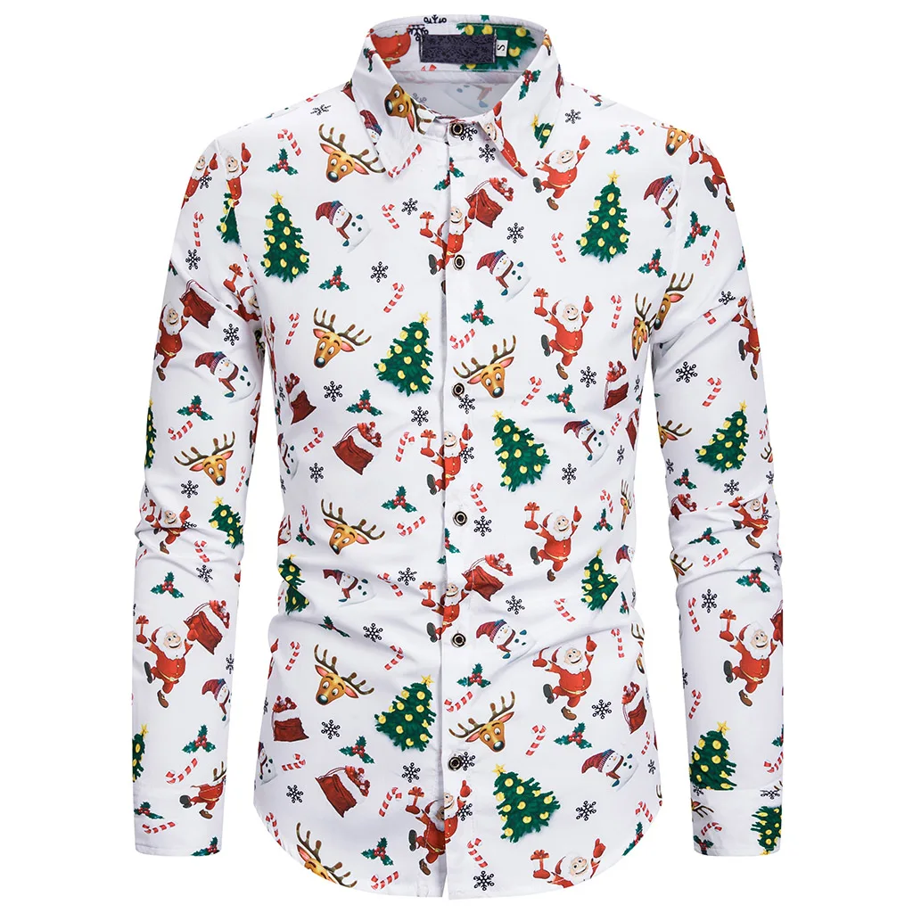 SHUJIN Мужская Рождественская футболка с милым мультяшным принтом, повседневная приталенная рубашка с длинным рукавом, Camisa Social Masculina, Рождественская одежда