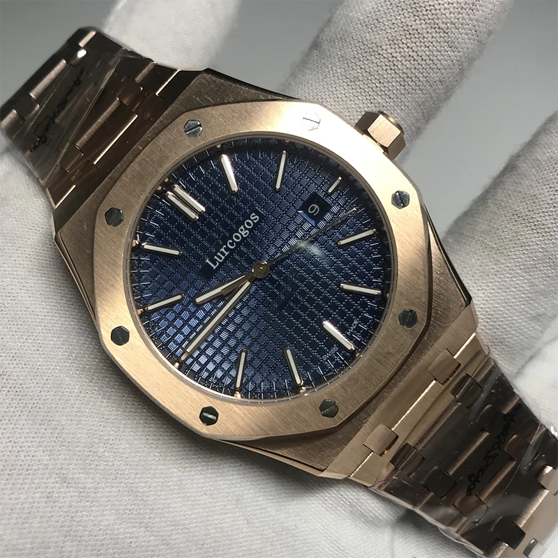 

2019 Luxury Brand New Men Watch Stainless Steel Automatic Mechanical Rose Gold Blue Sapphire Royal Back See Through Oaks AAA+