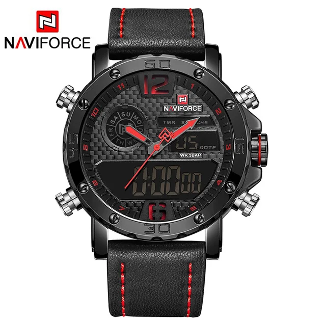NAVIFORCE мужские часы от роскошного бренда мужские кожаные спортивные часы мужские кварцевые светодиодный цифровые часы водонепроницаемые военные наручные часы - Цвет: black red