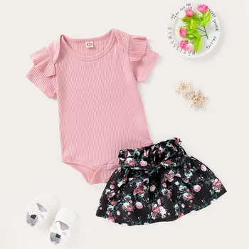 

Summer Baby Girl Romper Baby Cotton Short-sleeved Flying Sleeves Robe + Floral Skirt Set