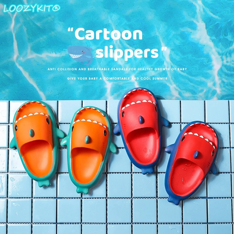 Zapatillas divertidas con forma de tiburón para niños, zapatillas antideslizantes para el hogar, zapatos de playa azules y rosas