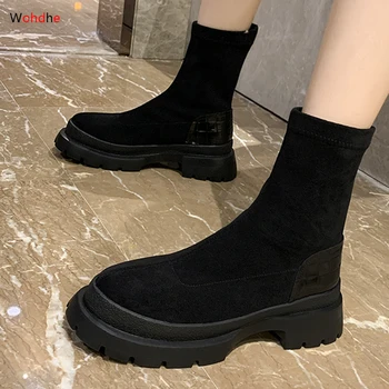 

Wohdhe Women Flock Ankle Boots Elastic Slip On Thik Bottom Round Toe Thick Bottom Wedges Short Chunky Bootines
