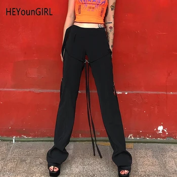 

Heyoungirl Harajuku Elegant Black Suit Pants Women High Waist Long Trousers Ladies Casual Straight Sweatpants With Strips Summer