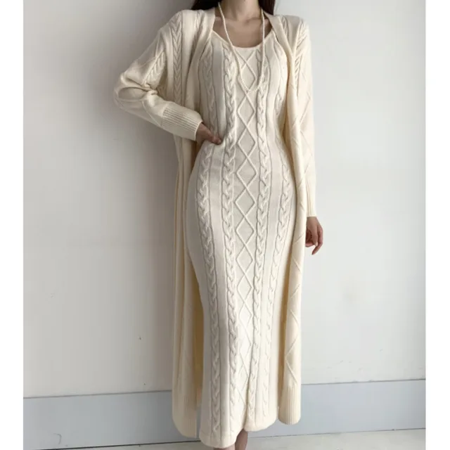 Elegant Fall Winter Thick Knitted 2 Piece Set Women Twist Long Cardigan Sweater Coat +Sleeveless Long Dress Suit Ensemble Femme 1