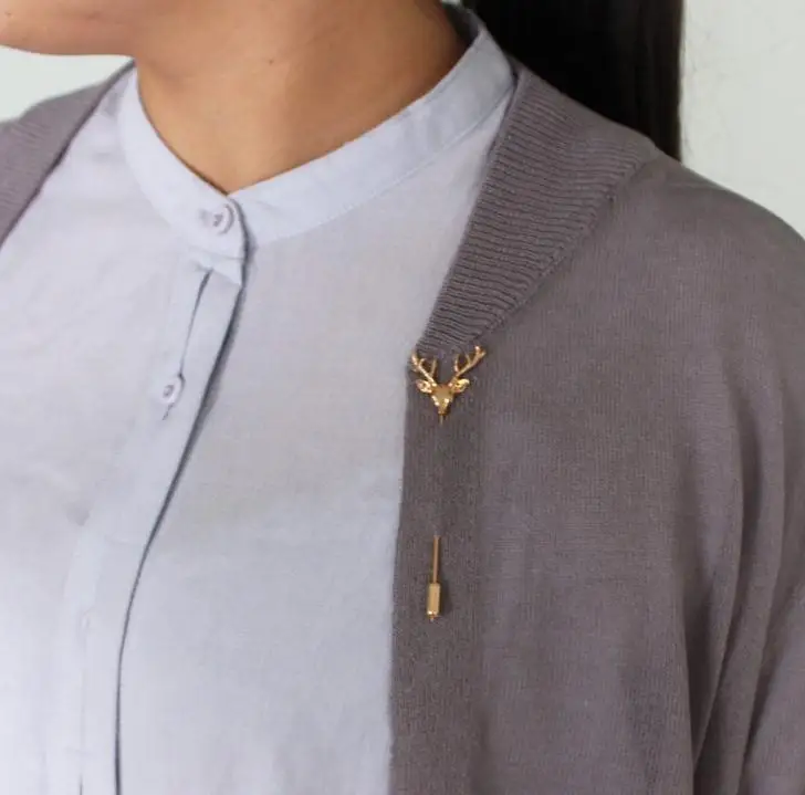 Yiwu Retro Small Deer Head Elk Long Brooch Men Suit Collar Pin Yiwu F007