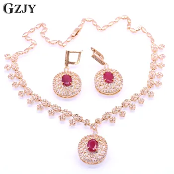 

GZJY Gorgeous Wedding Party Jewelry Sets Red Green Stone&AAA Zircon Champagne Gold Color Round Necklace Earring Sets For Women