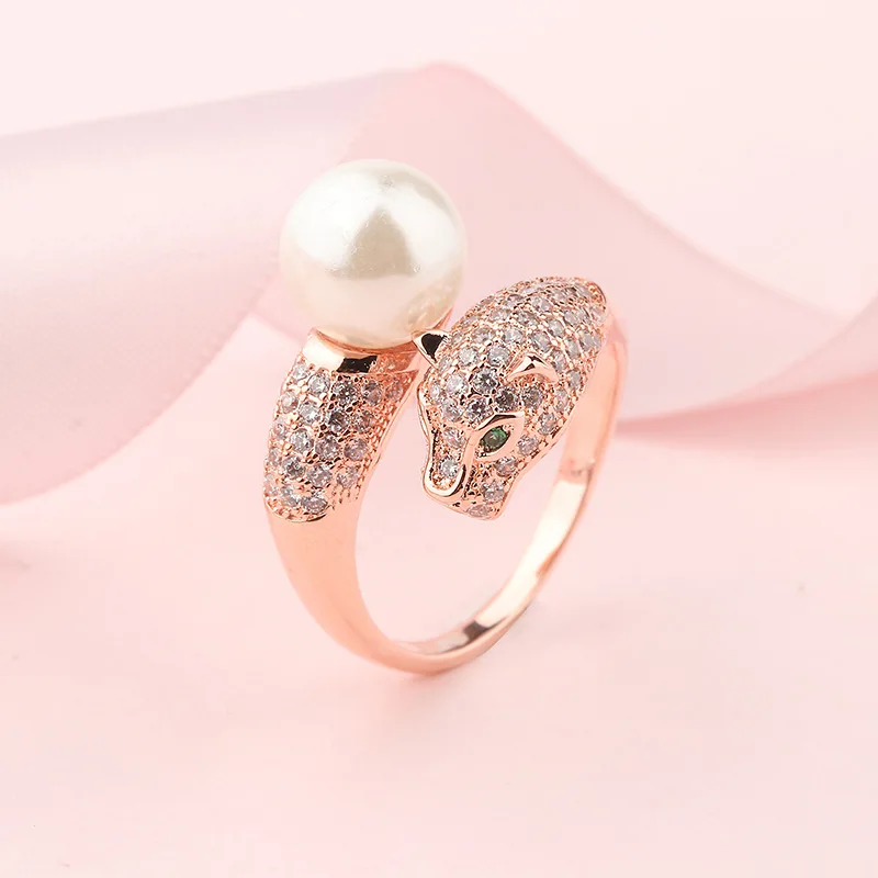 1 European and American domineering leopard head opening ring fashion imitation pearl creative animal ladies copper ring - Цвет основного камня: 1