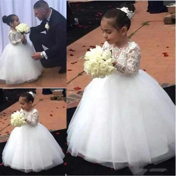 

White Lovely Appliques Lace Ball Gown Flower Girl Dresses Cute Long Sleeve O-neck Floor Length Customize Communion Gown