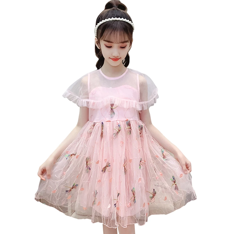 Детские платья для девочек из фатина вечерние с цветочной вышивкой летний костюм