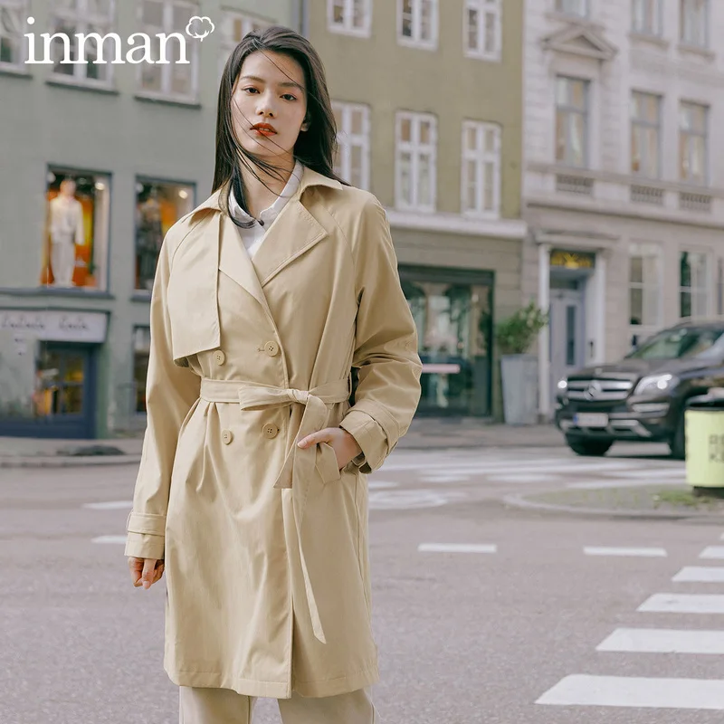 

INMAN 2020 Spring New Arrival Literary Lapel Double-breasted Temperament Lacing Nipped Waists Long Wind Coat