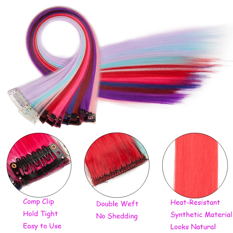 BENEHAIR Synthetic Hair Clip In Hair Extensions Colored Highlight Hair  Clips Hair piece Pink Red Blue Fake Hair Rainbow Hair