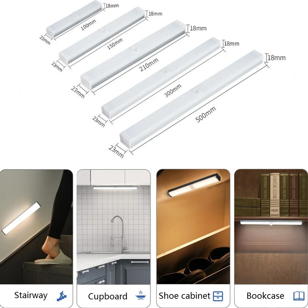 PIR Motion Sensor Closet Wardrobe Lamp LED USB Rechargeable Under Cabinet Aluminum Night Light
