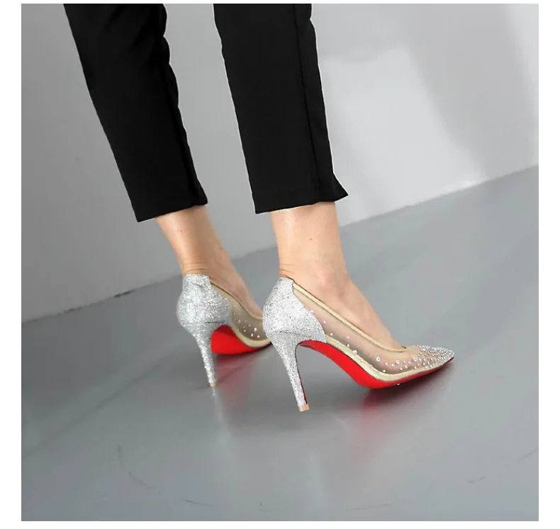С заостренным носком, со стразами из сетчатого материала дышащие туфли на высоком каблуке с красной подошвой летние классические женские модные туфли