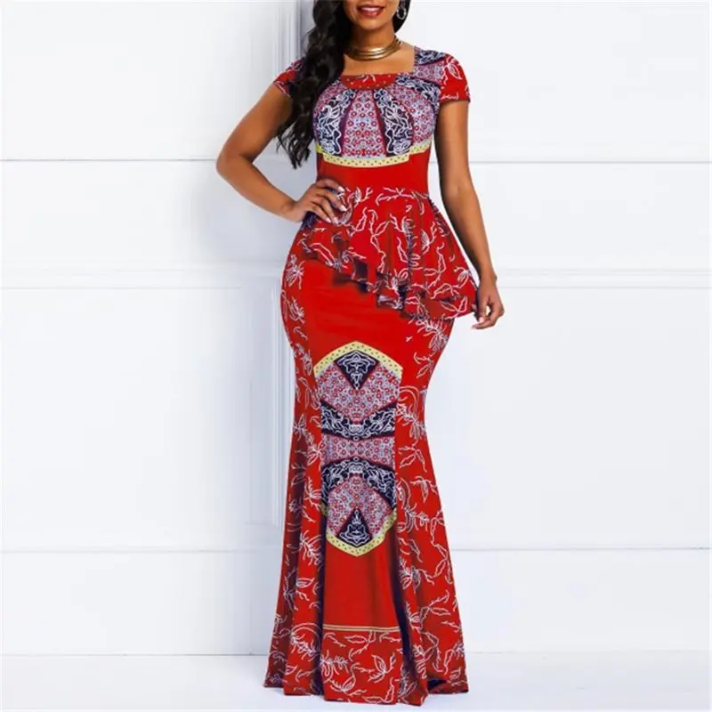 Женские макси платья Повседневные Элегантные красные вечерние Русалка Bodycon этнические принты африканские женские Анкара стили длинные плюс размер платье