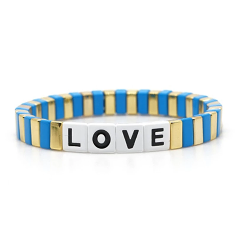 Letter LOVE Bohemia Ins Handmade Charm Enamel Rainbow Tile Bracelet Women Colorful Painted Metal Bracelets Wholesale Jewelry