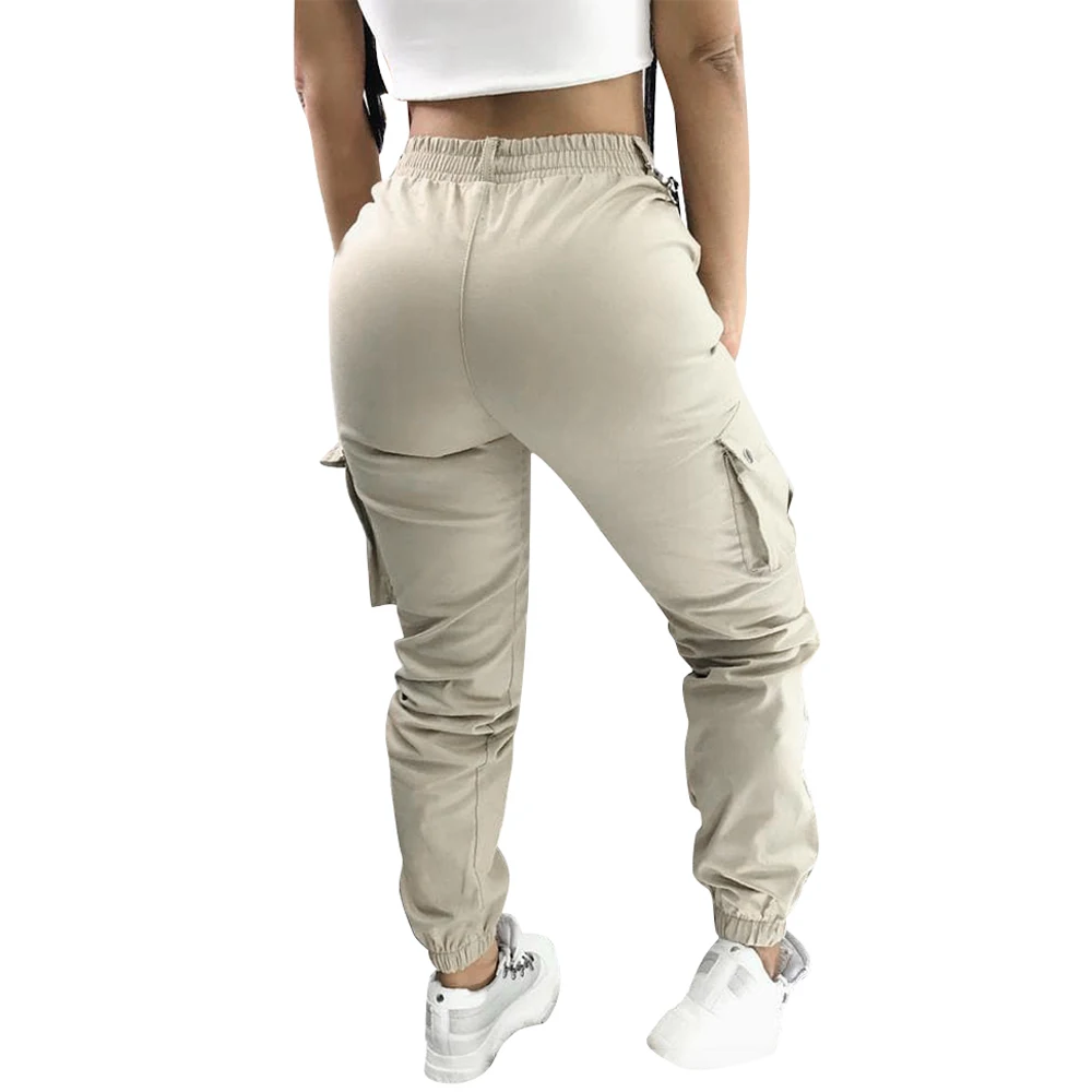 Women Cargo Pants Mid Waist Pockets Loose Summer Casual Full Length Pant Zipper High Street Fashion Elastics Long Trousers 2