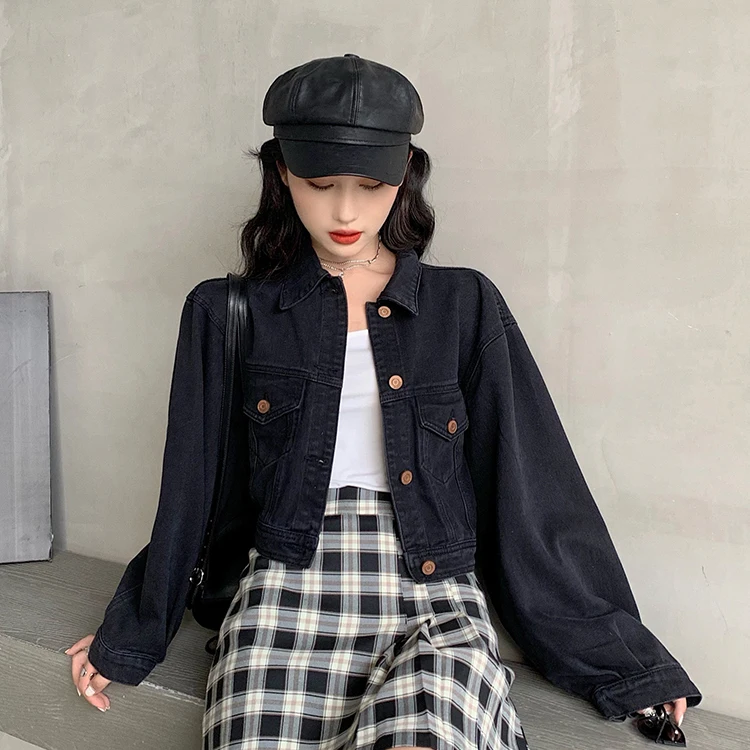 Осенняя новая Корейская шикарная Harajuku винтажная BF с длинными рукавами женская куртка короткая куртка воротник поло Свободная Женская модная джинсовая куртка