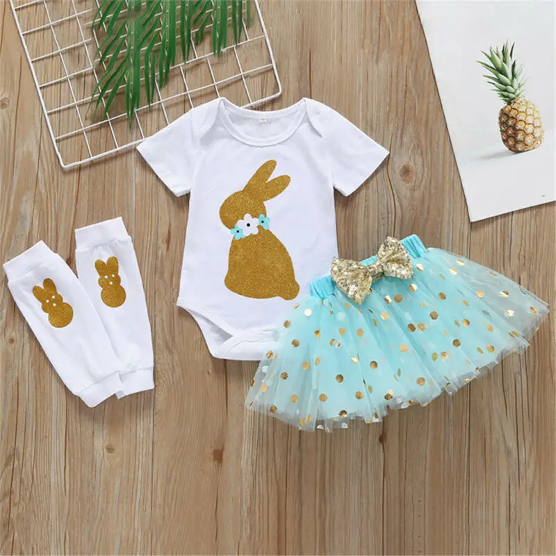 Lovely Baby Girl Easter Bunny Tops Romper Tutu Skirt Polka Dot Dress Outfit Set 0-24M | Детская одежда и обувь
