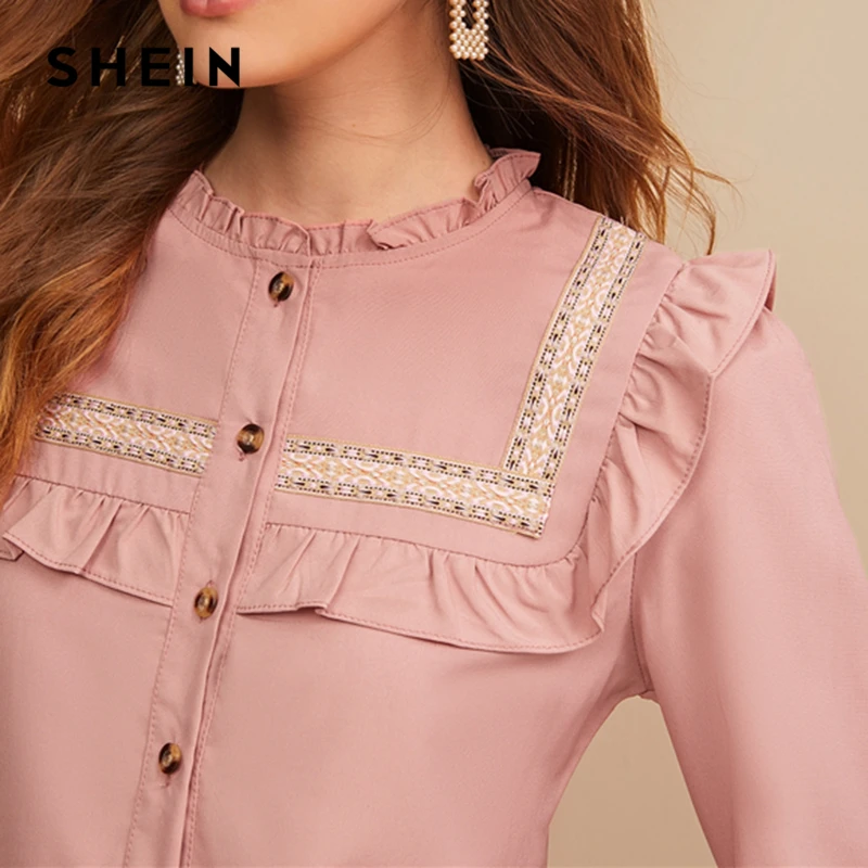 SHEIN розовая вышитая лента панель с рюшами отделка пуговица спереди милая блузка