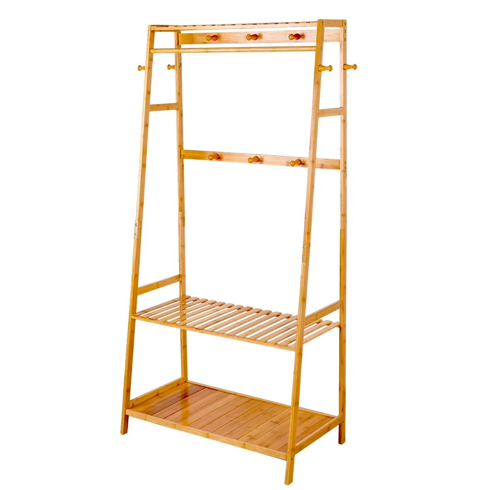 Bamboo Garment Coat Clothes Hanging Heavy Duty Rack with top shelf and 2-tier Shoe Clothing Storage Organizer Shelves images - 6