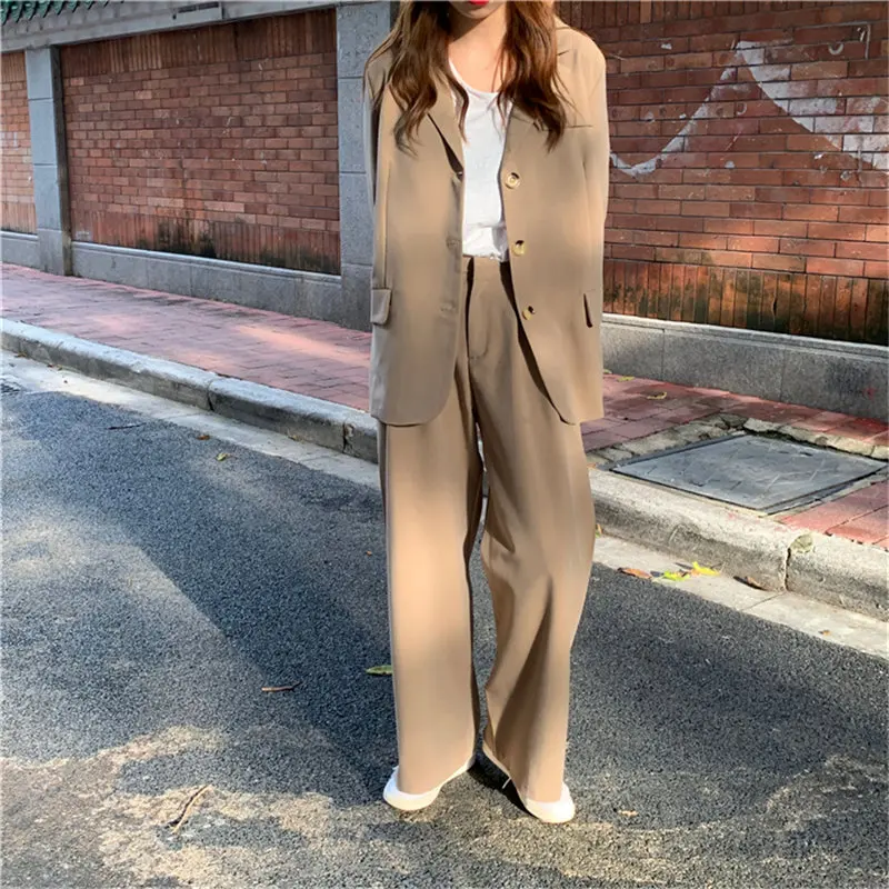 HziriP Autumn All Match Office Lady OL Style Solid Elegant Blazer+Straight Casual Loose Trouser Women Suits 2 Piece Sets - Цвет: KHAKI