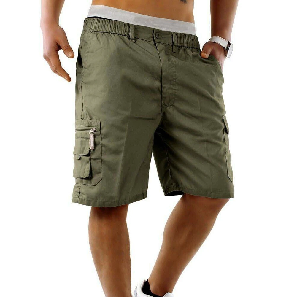 Летние мужские шорты прямые дышащие повседневные эластичные однотонные свободные пляжные до колен для прогулок с карманами - Цвет: Зеленый