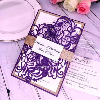 

Dark Purple Rose Gold Glitter Bottom Laser Cut Wedding Invitation with glitter belt+tag Invitations for Bridal Shower Quinceane