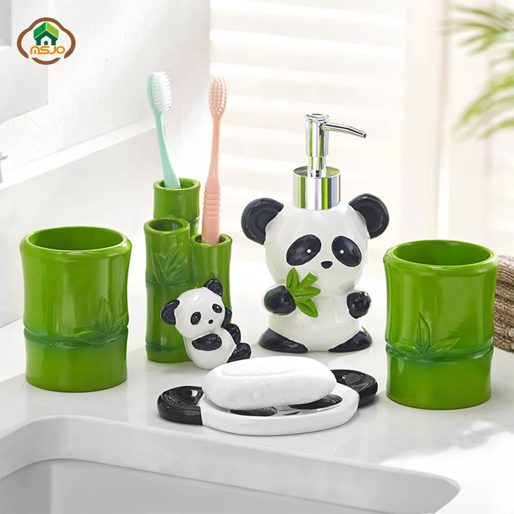 

MSJO Bathroom Decoration Accessories Panda Bamboo Dolphin Organizer Set Dispenser Toothbrush Holder 5 Pcs Kid Set For Bathroom