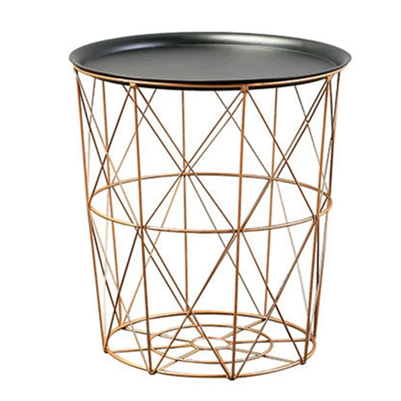 

HOT-Modern Rose Gold Round Line Black Cover Metal Storage Basket Side Table