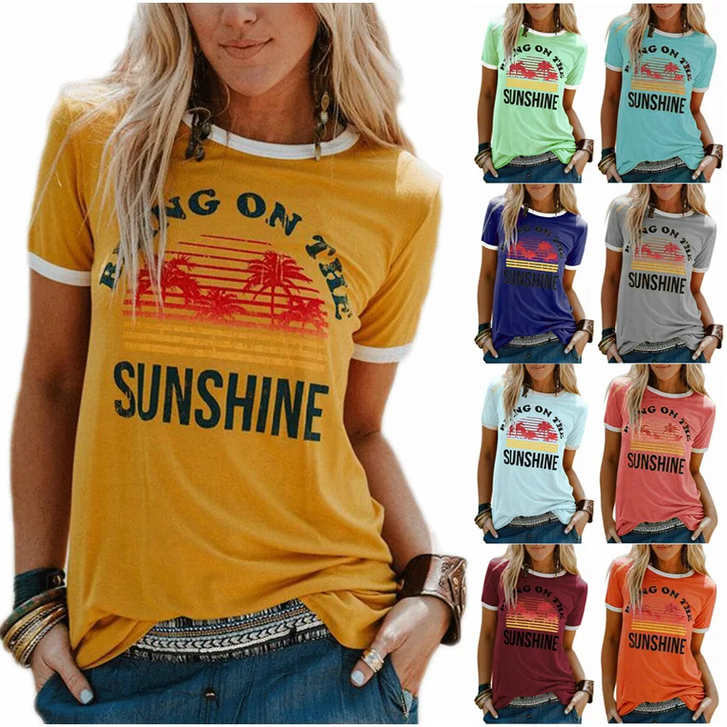 Womens T-Shirt Top-Tees Short-Sleeve Sunshine Bring Letter-Print O-Neck Casual on The