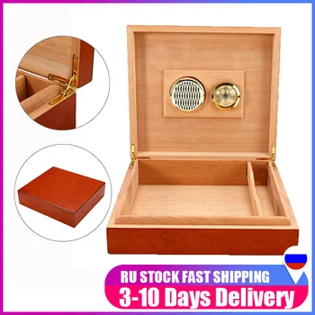 

Wood Cigar Humidor Humidifier Wooden Brown Cedar Lined Cigar Humidor with Hygrometer Box Case Moisture Russia Express Shipping