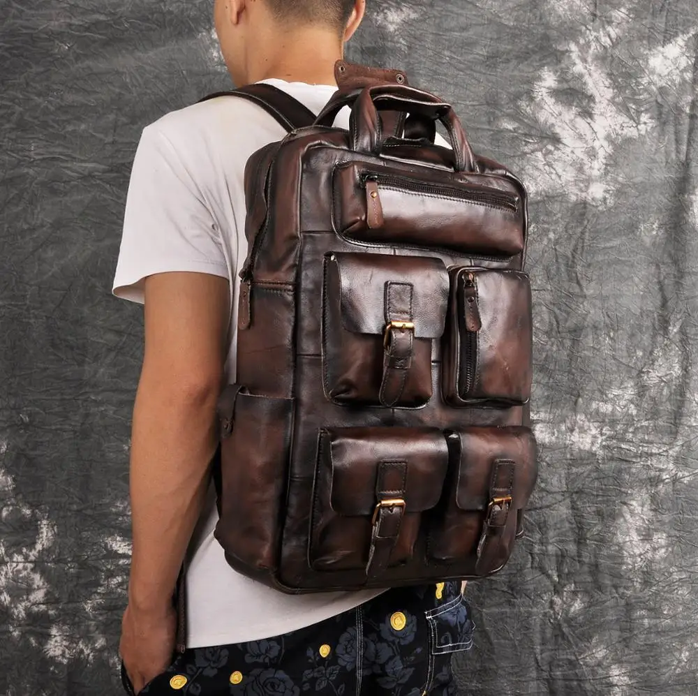 Дизайнерская мужская кожаная повседневная модная сверхпрочная дорожная школьная Университетская Студенческая 1" Сумка для ноутбука дизайнерский рюкзак для мужчин 1170-o - Color: dark coffee