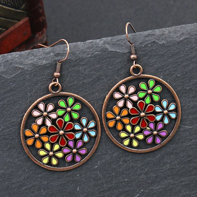 Exknl Fashion Vintage Drop Earrings For Women Alloy Crystal Ethnic Beads Boho Flower Earrings Colorful Dangle Earrings Jewelry 0654