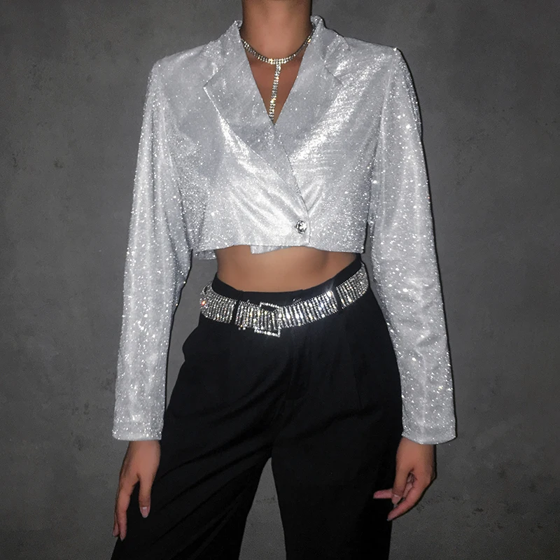 

Harajuku Glitter Silver Cropped Jacket Women Notched Collar Long Sleeve Bling Coat Streetwear Korean Party Club Crop Jackets