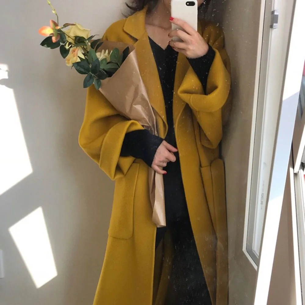 Женская шерстяная смесь осеннее элегантное офисное женское имбирное желтое однотонное длинное пальто с поясом негабаритное корейское зимнее пальто минималистичное