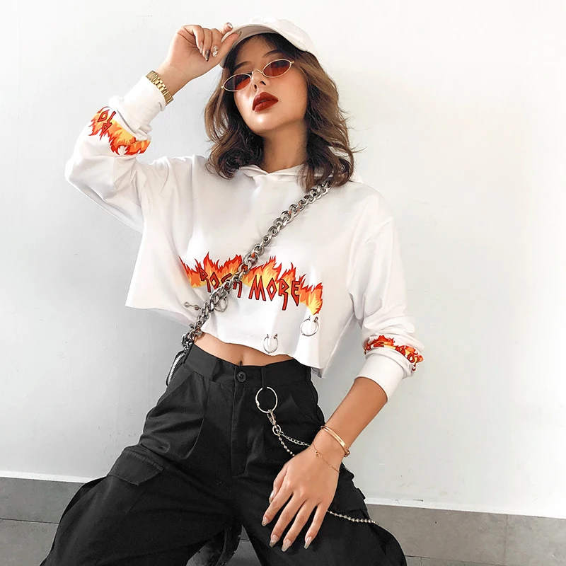  SUCHCUTE Flame Print White Women Hoodies Metal Causal Overalls Hat Gothic Tops Kpop Autumn 2019 Str