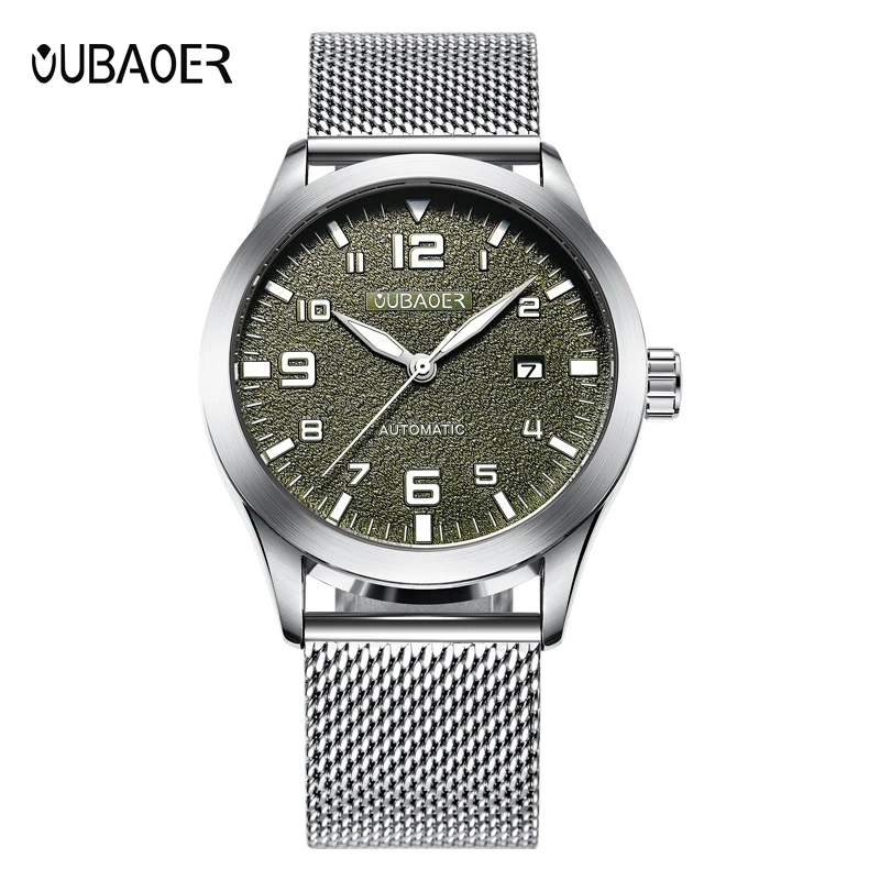 Mens Watches Automatic Watch Mechanical Army Green Men Waterproof Date Steel Man Mesh Strap Mechanical Wrist Watch Male Clock