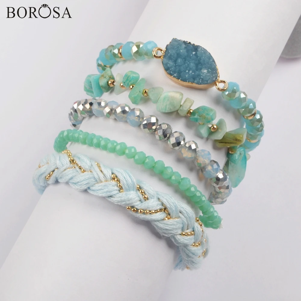 

BOROSA 5Sets (5Pcs/set Rainbow Bracelets) Fashion Amazonite Druzy Crystal Beads Green Glass Beads Bracelet Sets Jewelry WX1184