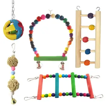 

Parrot Toy Set Wooden Hanging Swing Bird Cage Chew Toy Ladder Bell Ball Toy Y5GA
