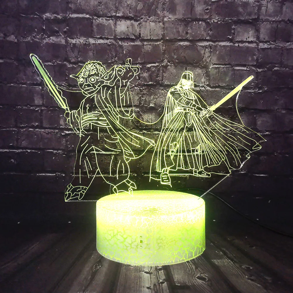 Модный Рождественский подарок для детей, черный рыцарь, Мастер Йода, 3D, Звездные войны, мультфильм, светодиодный, трещины, 7 цветов, умный сенсорный, сменный, ночной Светильник