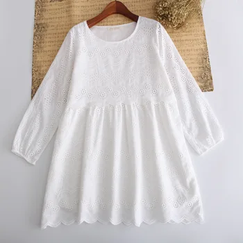 

Preppy style hollow out circle embroidery white cotton short sleeve mini dress