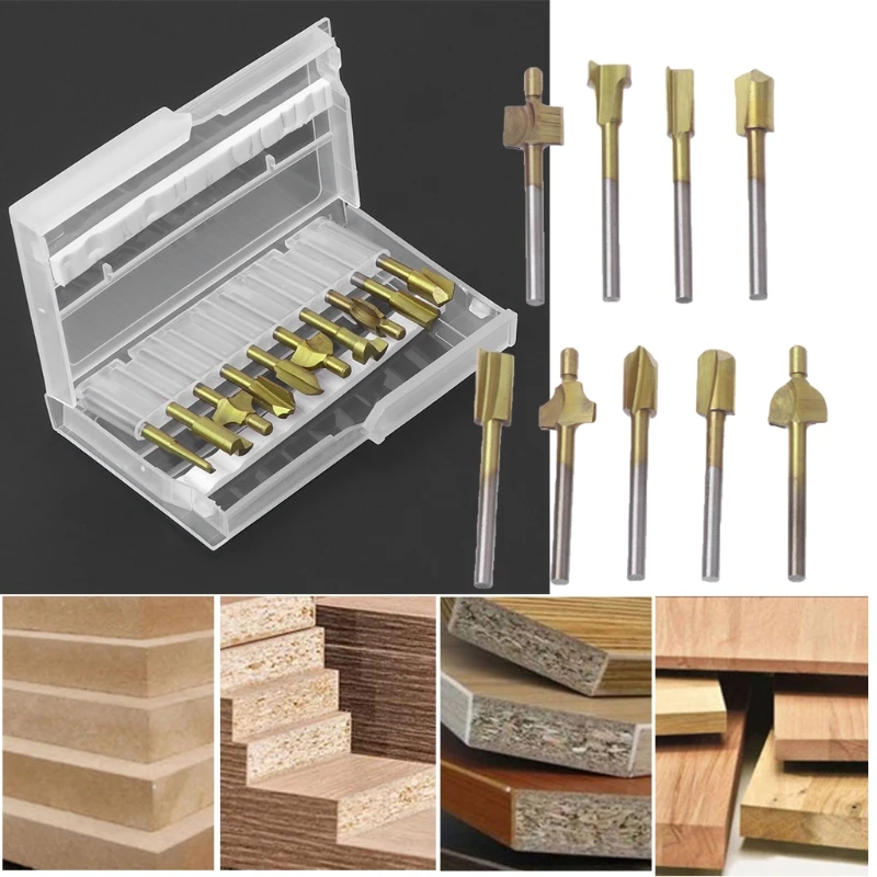 

10Pcs Titanium Router Wood Milling Cutter Bits Fits Rotary Tool Set 1/8\" Shank R9JF