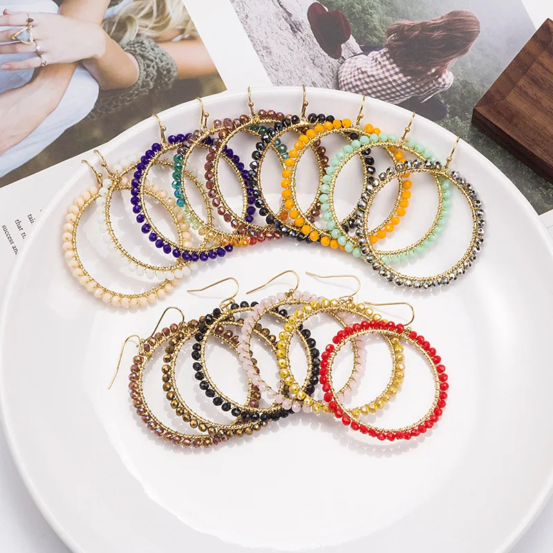 Bohemian Fashion Colored Round Glass Bead Ethnic Handmade Circle Drop Earring For Women drop earrings,dangle earrings,long earrings