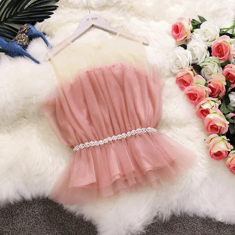 

2019 summer new Chic pure color O-neck sleeveless beading waist ruffles gauze shirts blouses women's elegant mesh shirt tops.